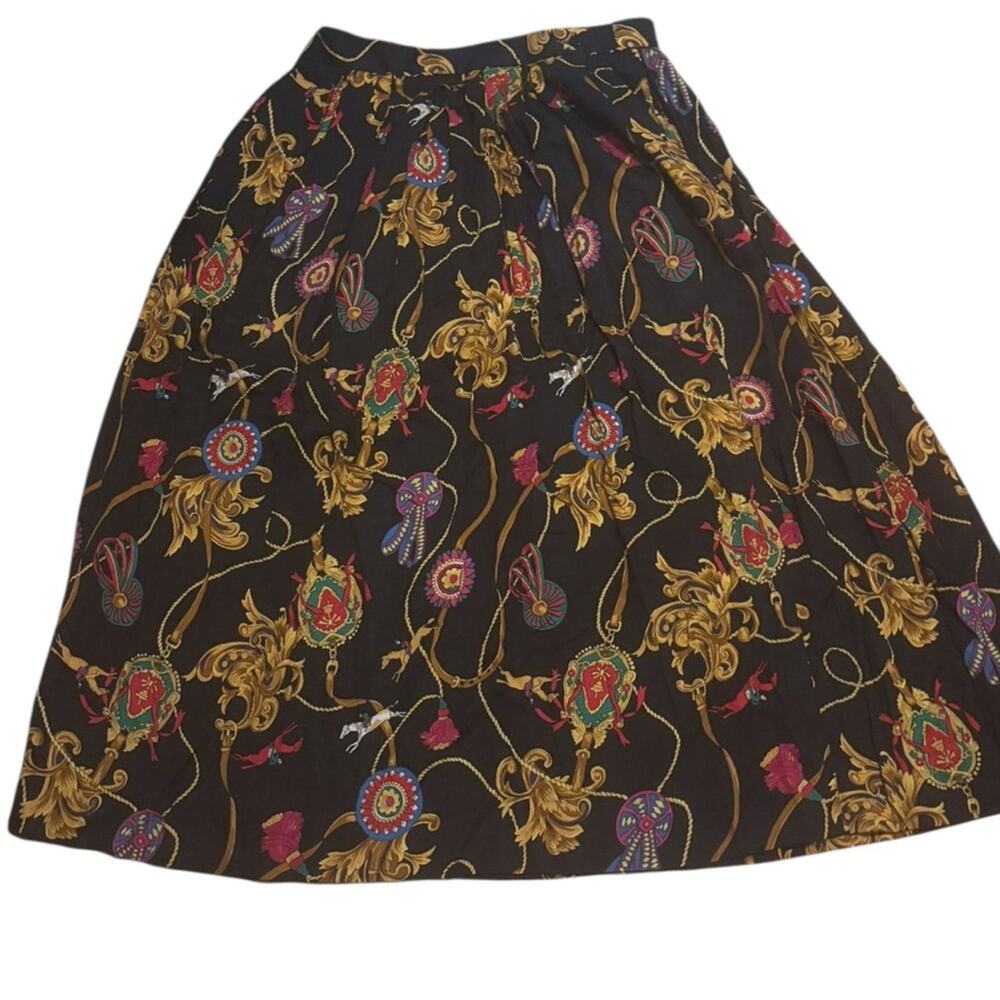 Vintage Equestrian Print Skirt, 1980s Susan Bristol, Jockey Horses Rayon Pockets